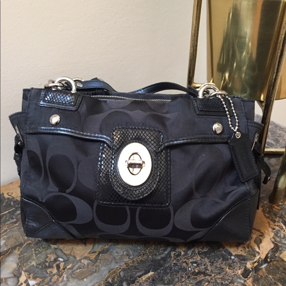 Coach purse handbag black satin "python" embossed